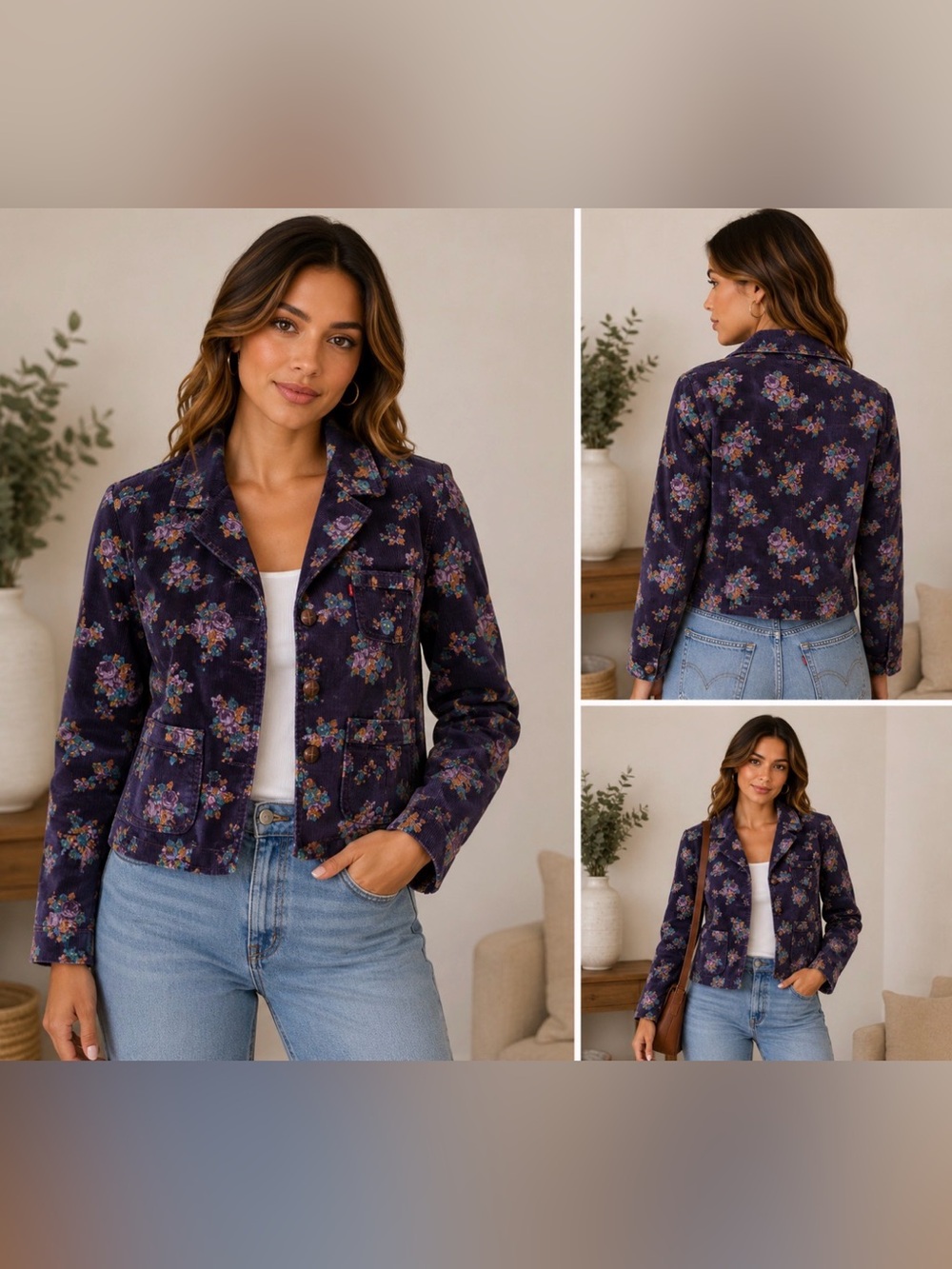 Levi's Purple Floral Corduroy Jean Jacket with Teal Accents